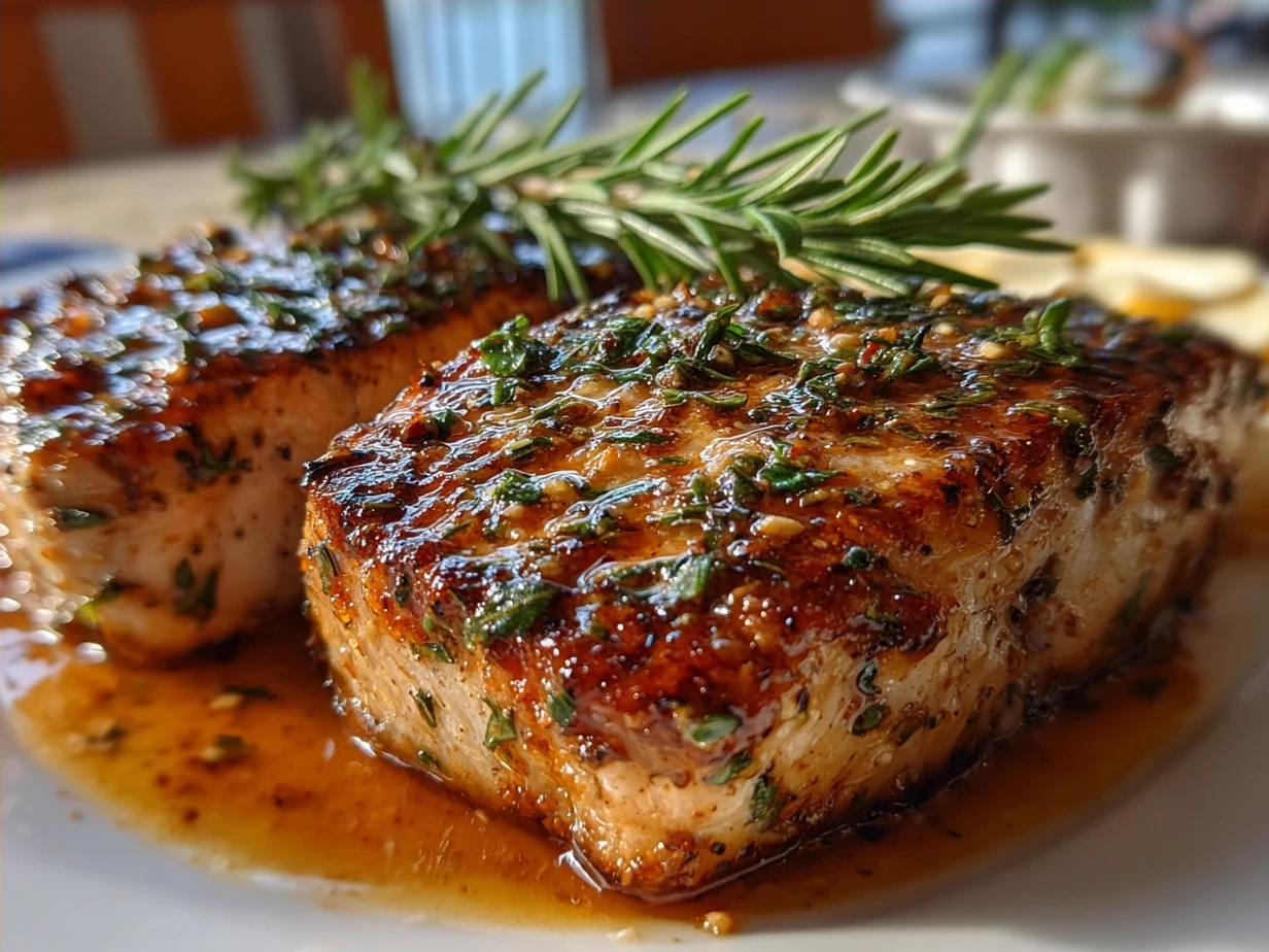 Served Baked Swordfish garnished with fresh parsley and a lemon wedge