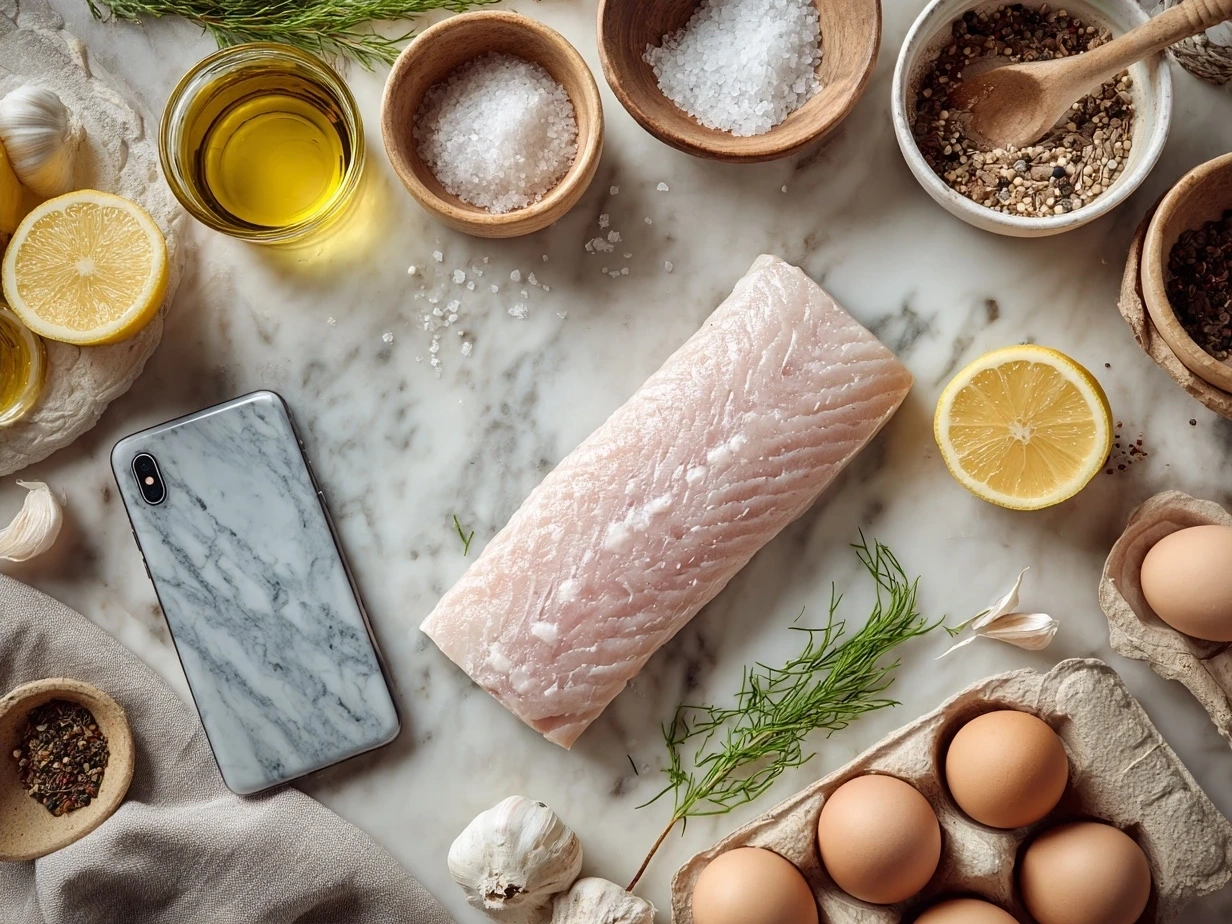Ingredients for Baked Swordfish including swordfish steaks, olive oil, garlic, lemon, oregano, paprika, salt, pepper, and parsley