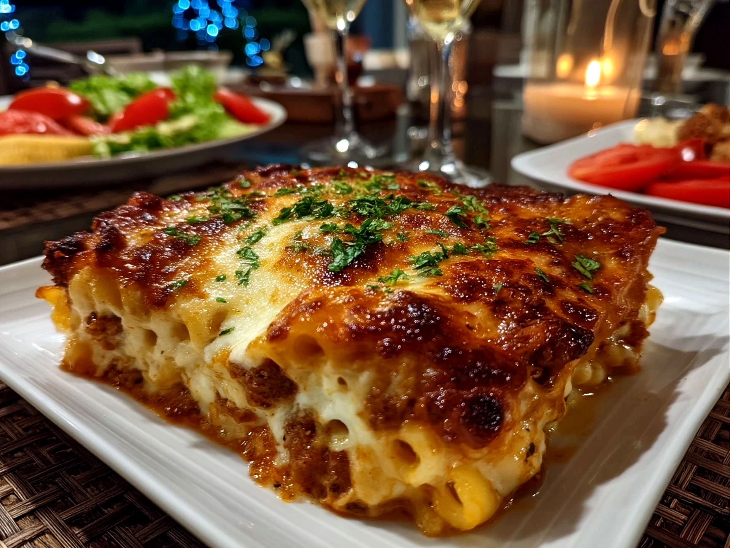 Served Baked Ziti pasta bake with melted cheese and fresh herbs, ready for dinner