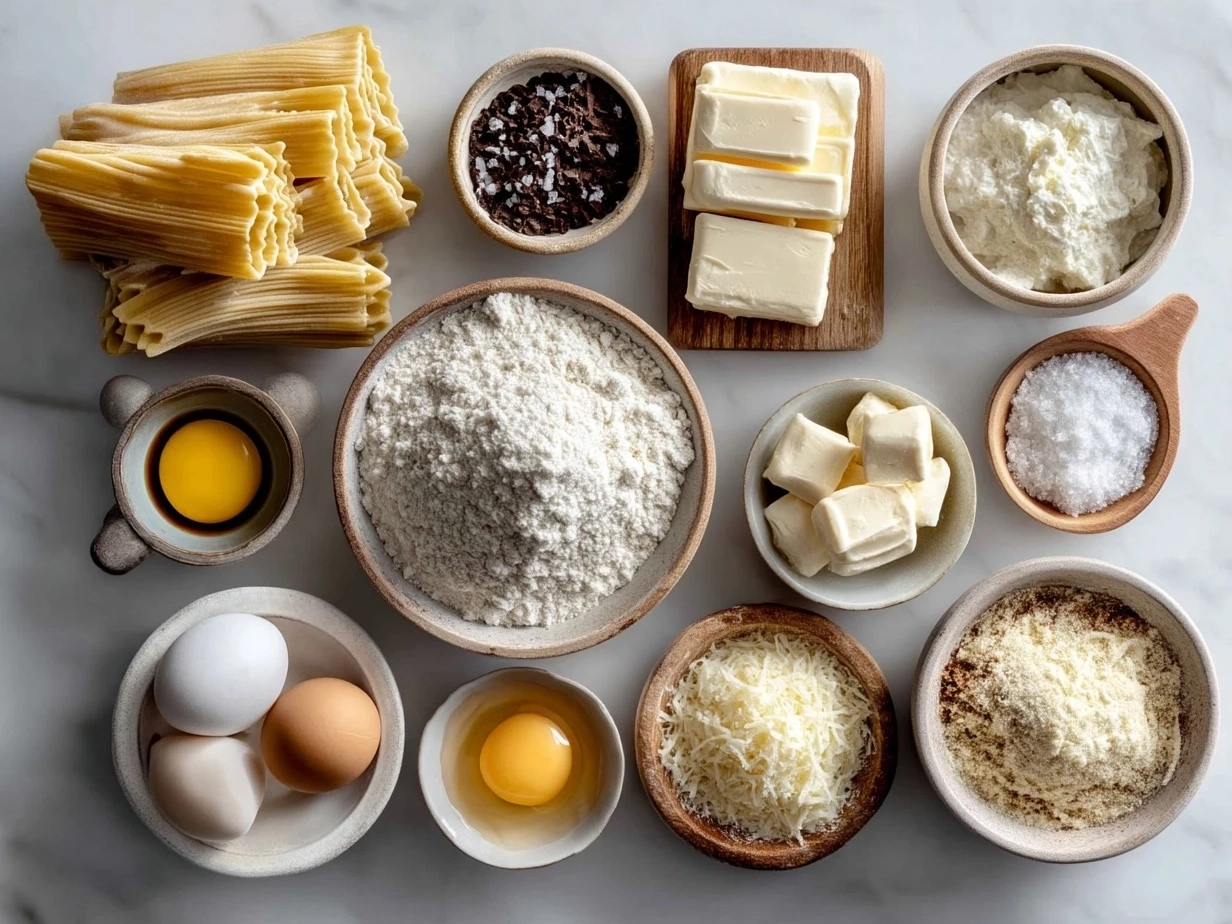 Ingredients for making Baked Ziti including ziti pasta, ricotta cheese, mozzarella, tomato sauce, Parmesan, garlic, herbs, and olive oil