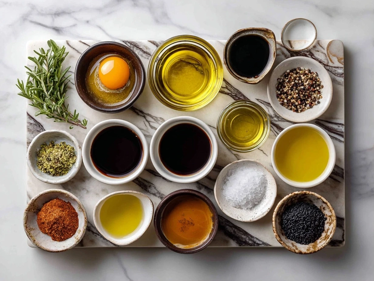 Fresh ingredients for a homemade balsamic vinaigrette recipe including balsamic vinegar, olive oil, garlic, and spices