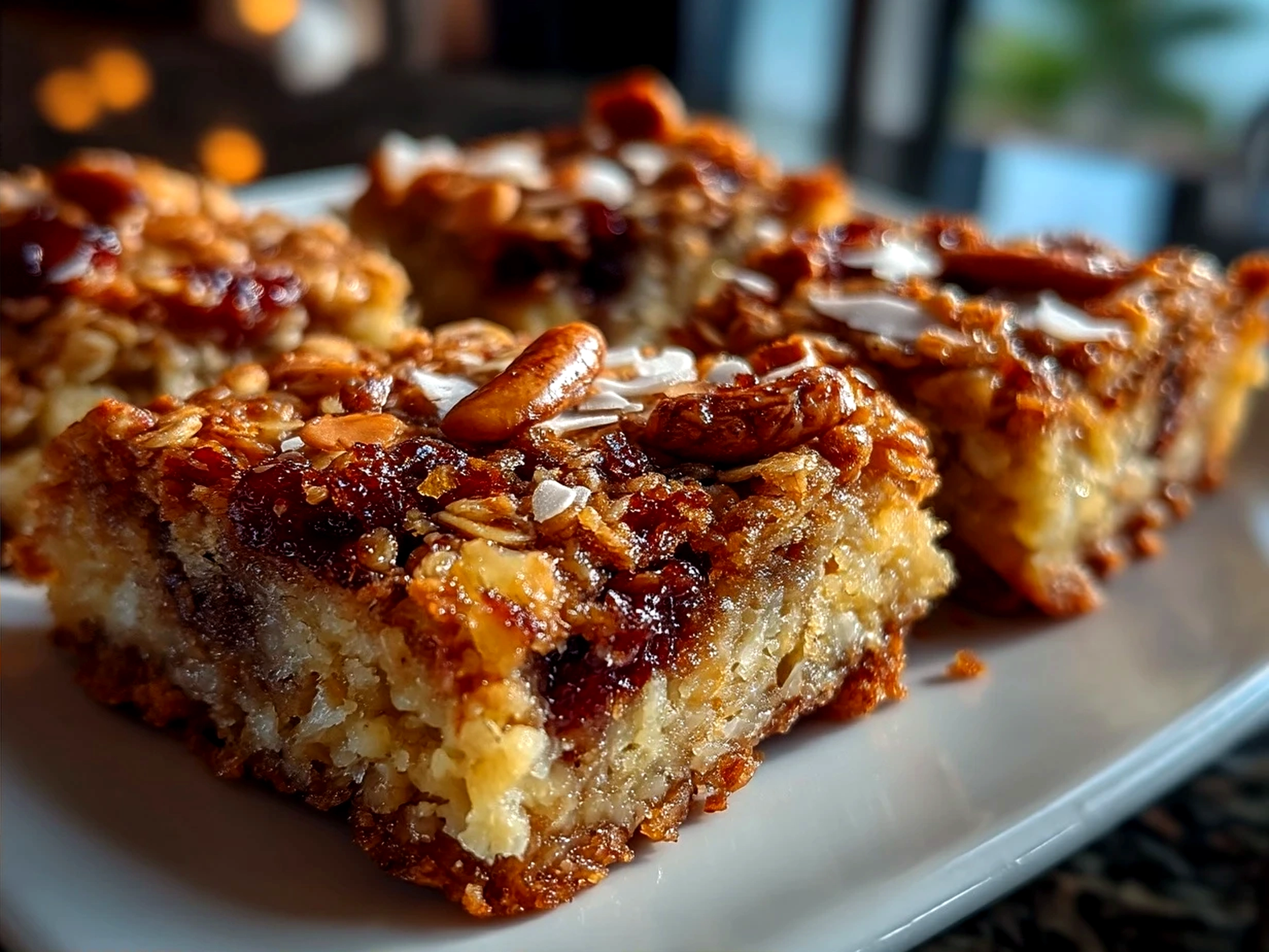 Beautifully arranged Banana Oatmeal Bars served on a wooden board with fresh fruit