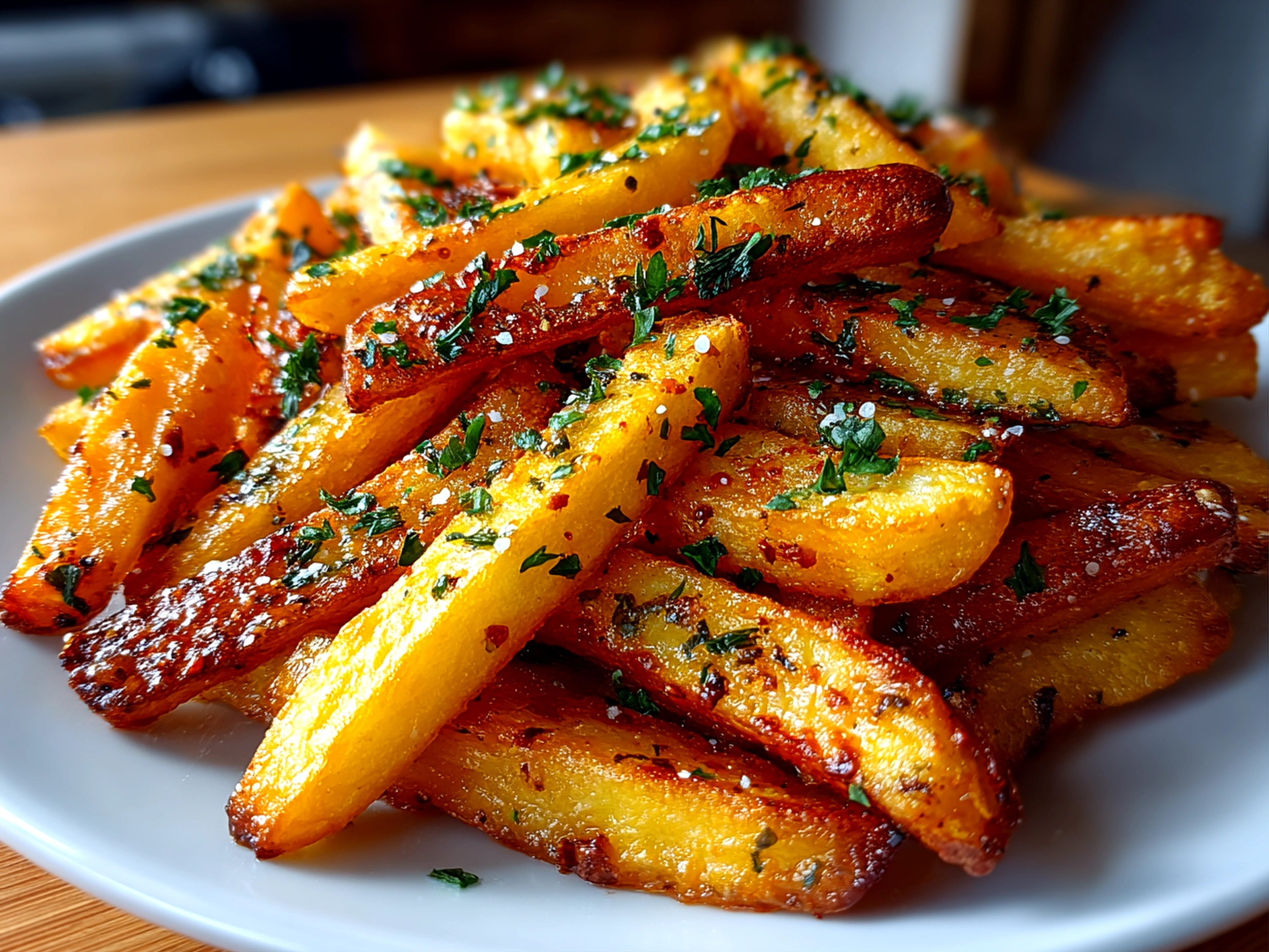 Beautiful crispy air fryer fries on a white plate