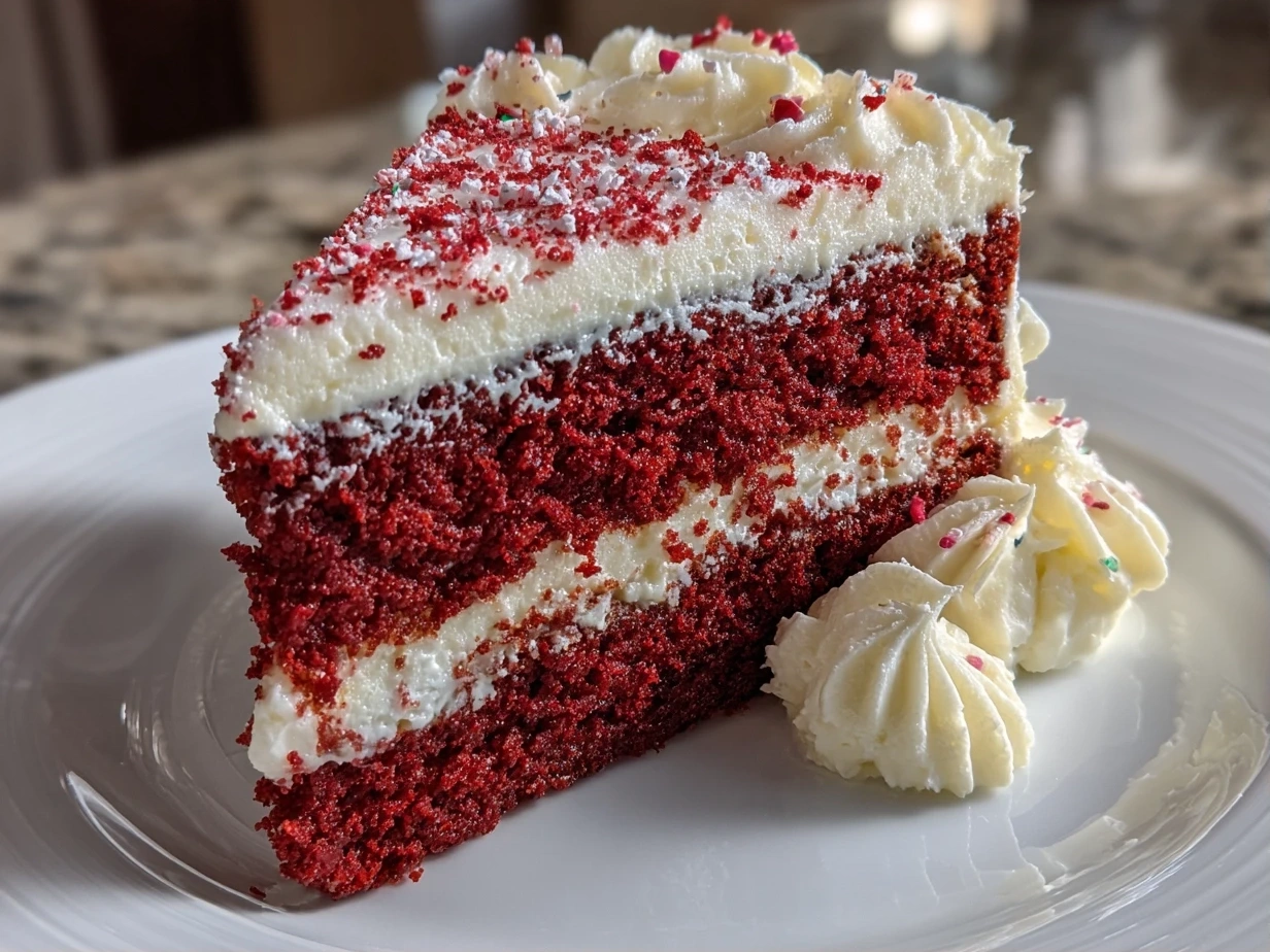 A beautifully finished two-tier Red Velvet Cake decorated with cream cheese frosting and fresh berries.