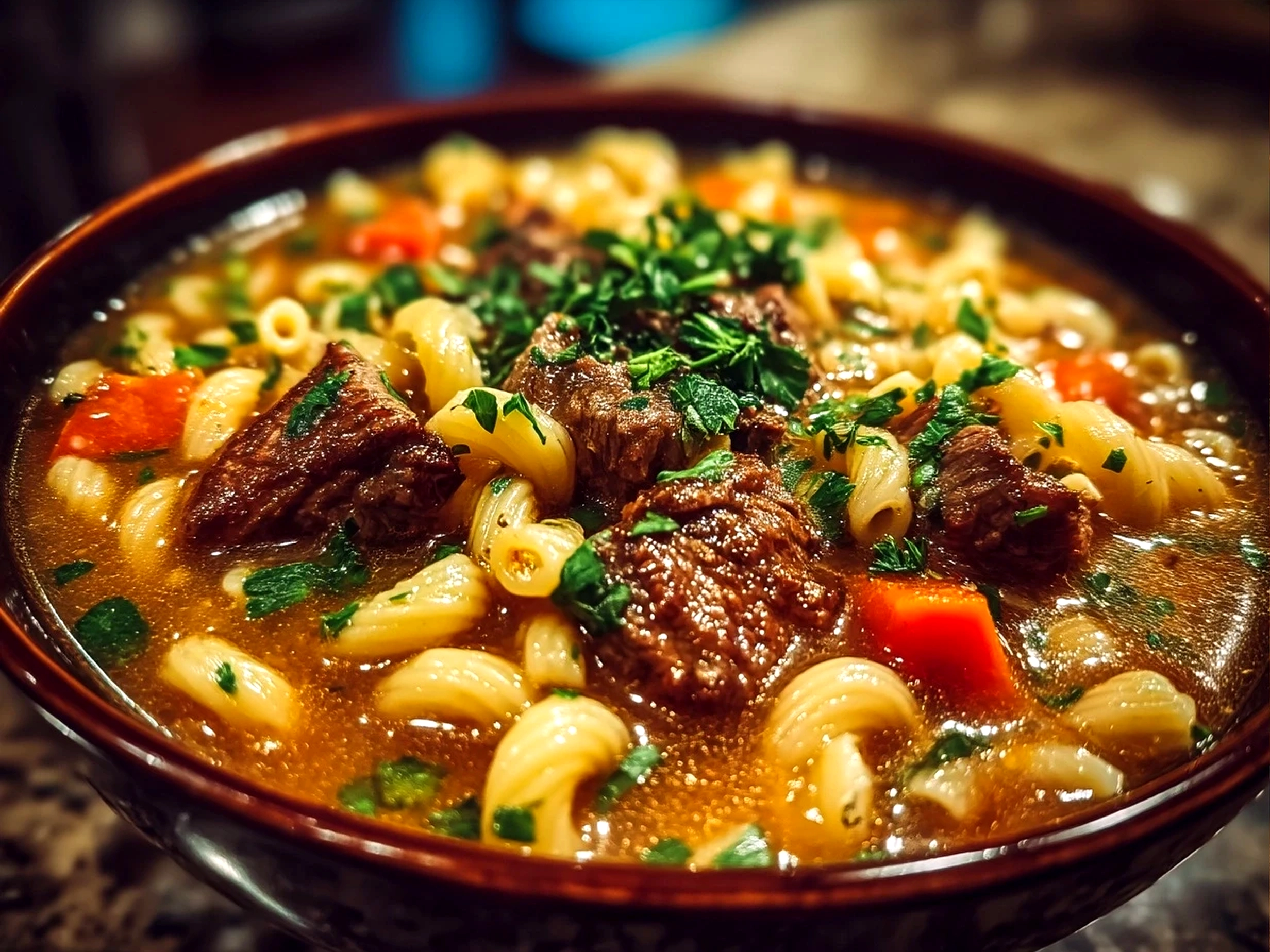 Serving bowl of Beef and Macaroni Soup garnished and ready to eat