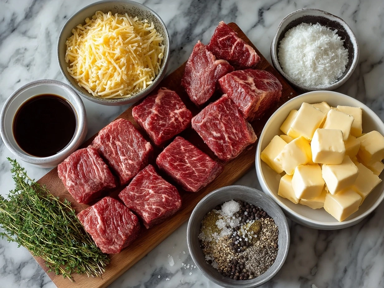 Key ingredients for authentic Beef and Macaroni Soup laid out on a kitchen counter