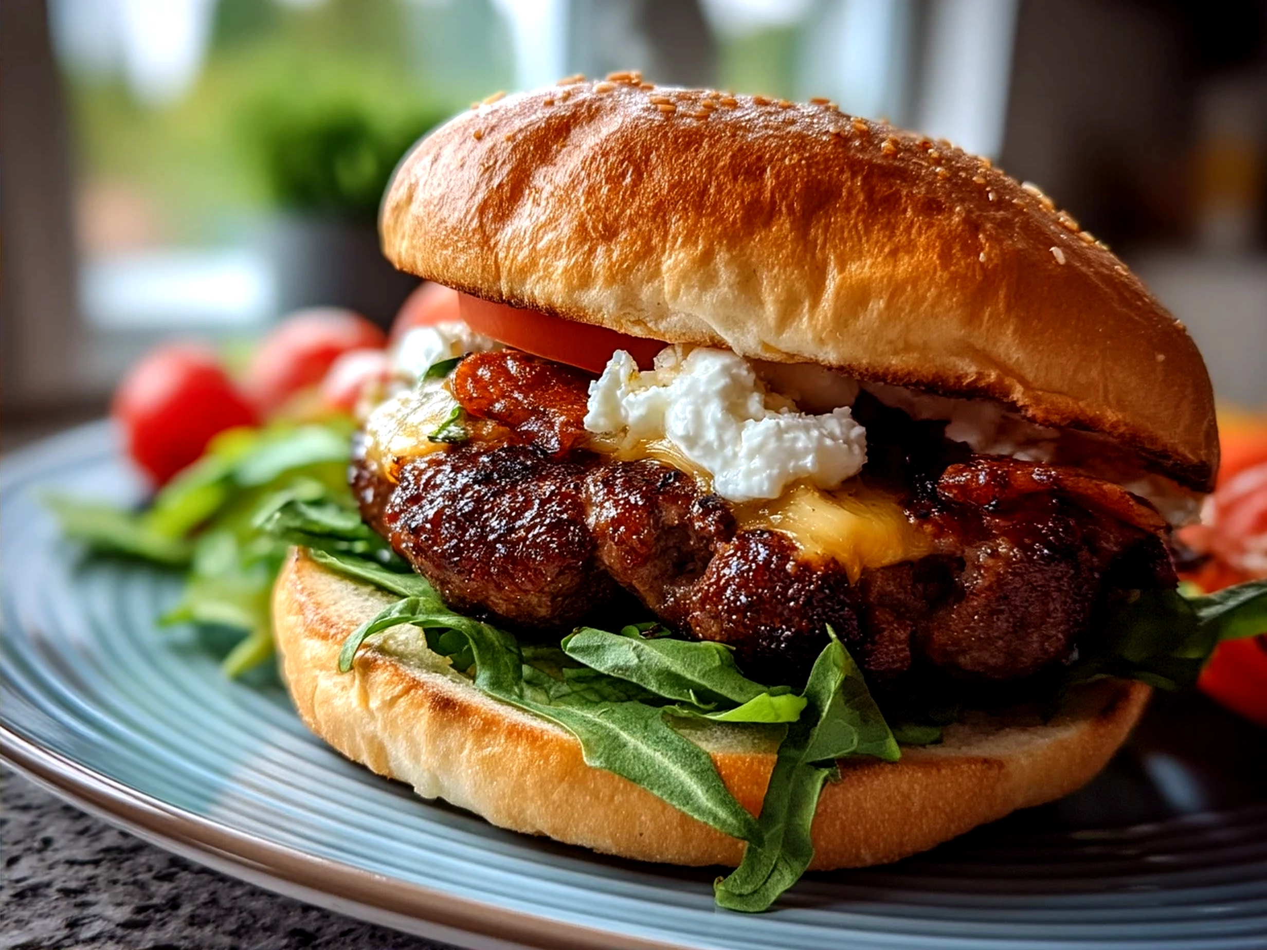 Perfectly assembled Beef Burger served with crispy fries and fresh salad