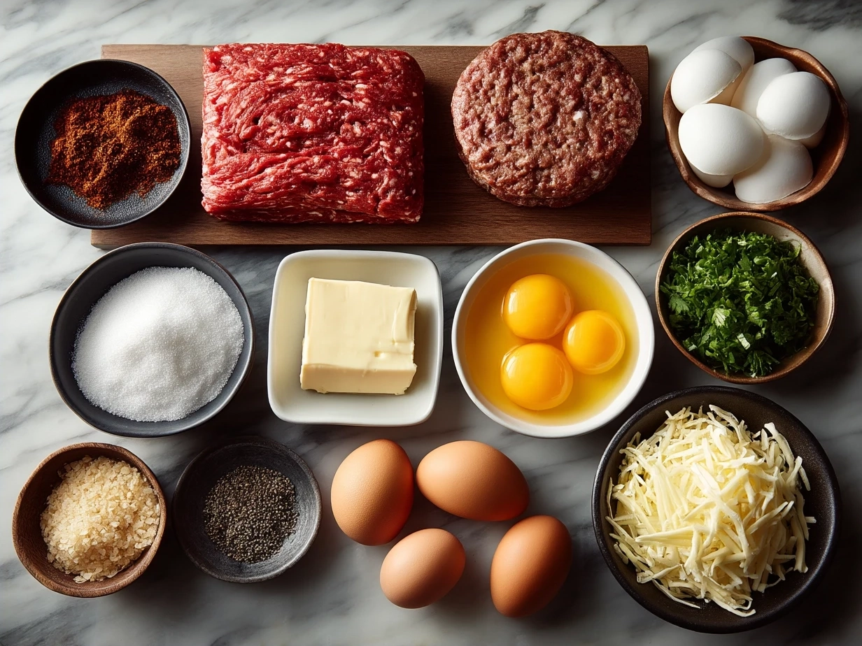 Ingredients for a flavorful Beef Burger including ground beef, spices, buns, and toppings