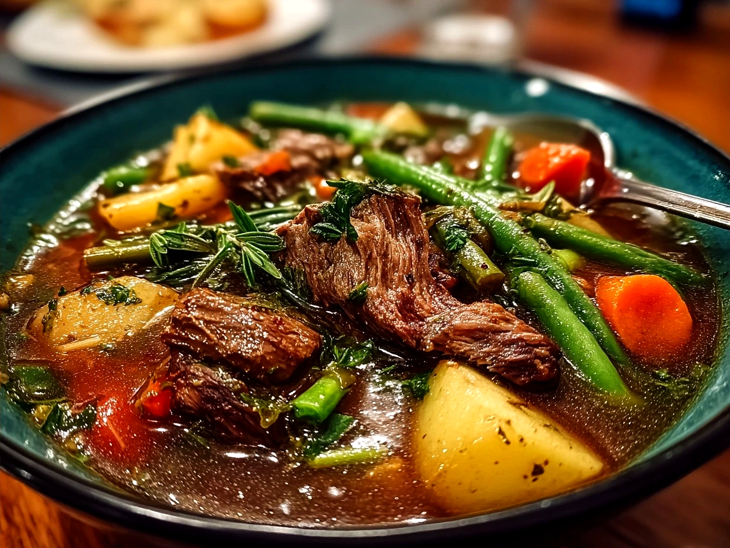 Hearty bowl of beef vegetable soup served with crusty bread