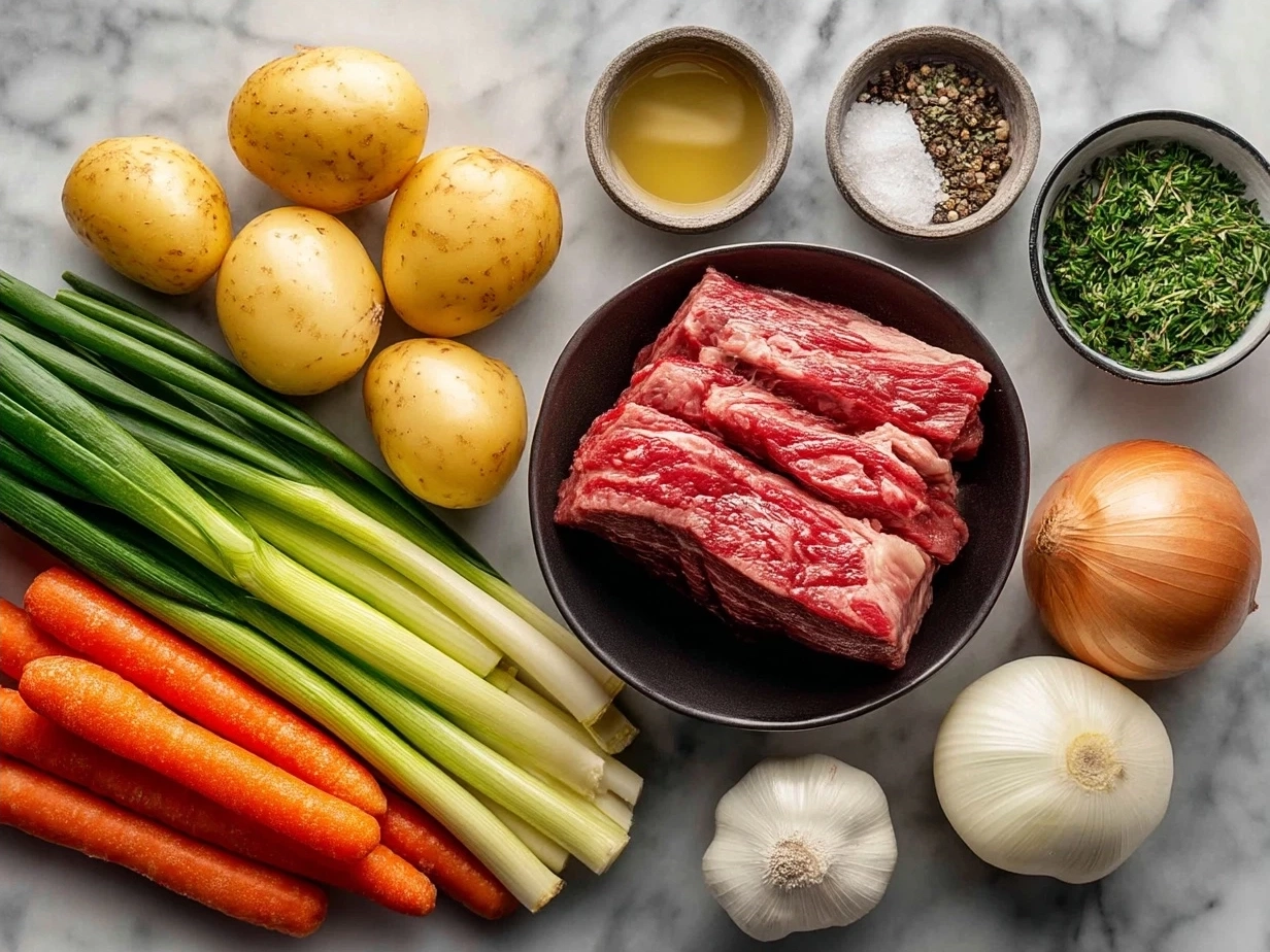 Ingredients laid out for beef vegetable soup
