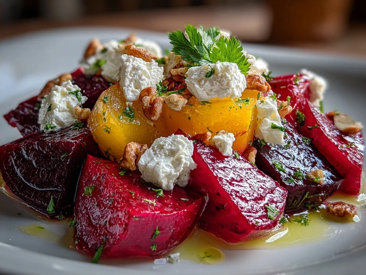 Finished roasted beet salad garnished with goat cheese, nuts, and fresh herbs ready to serve