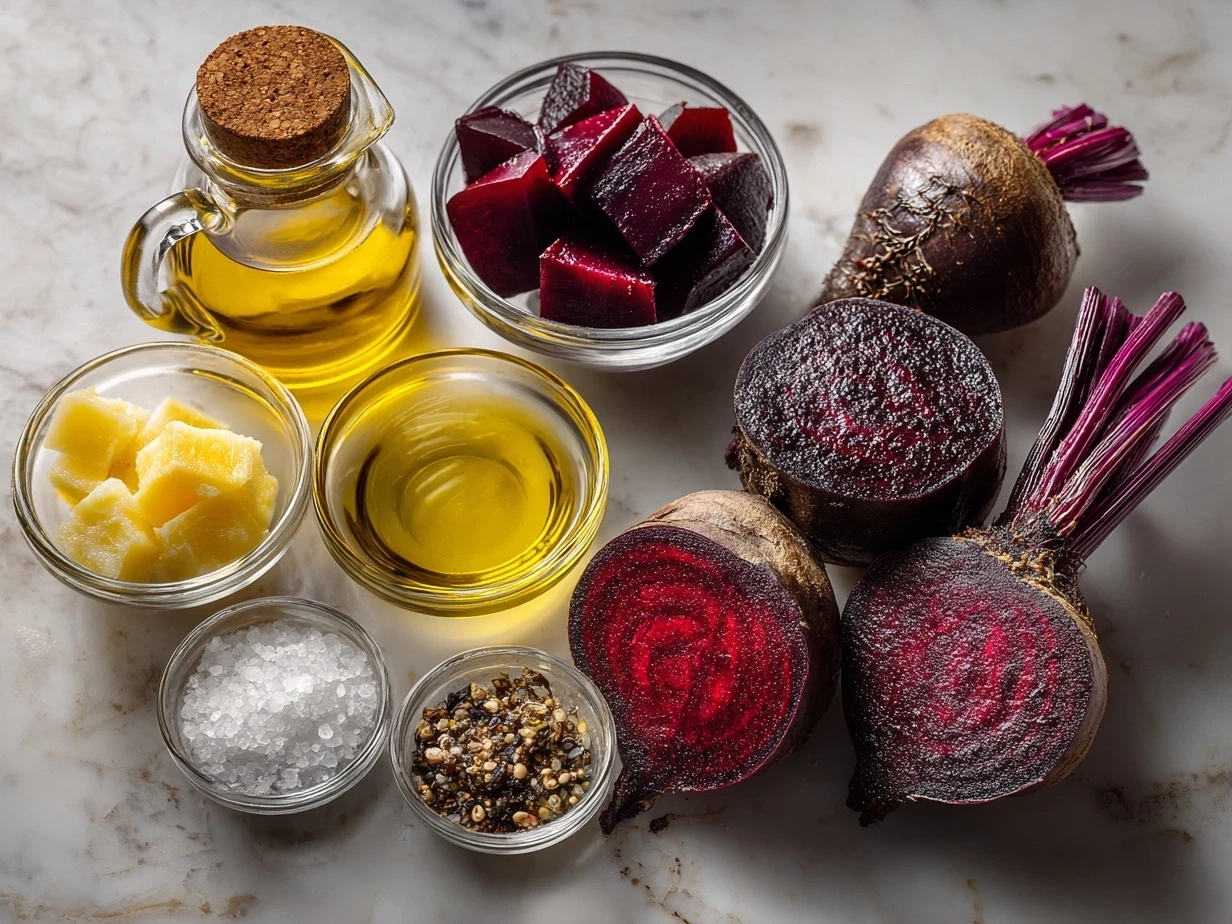 Ingredients for a wholesome roast beet salad laid out on a wooden table including fresh beets, olive oil, vinegar, mustard, honey, cheese, nuts, and fresh herbs