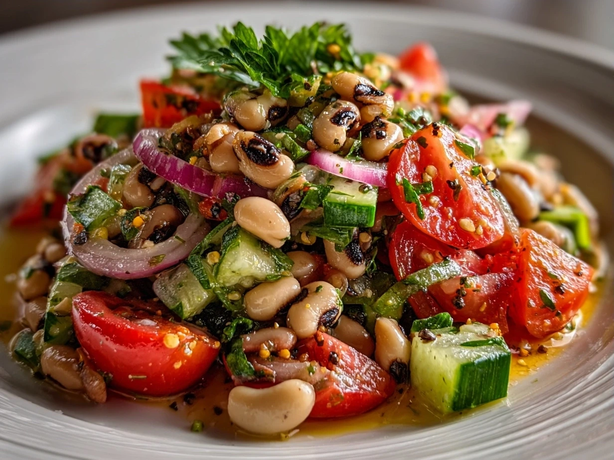 Final presentation of Southern style Black-Eyed Pea Salad served in a bowl with fresh herbs