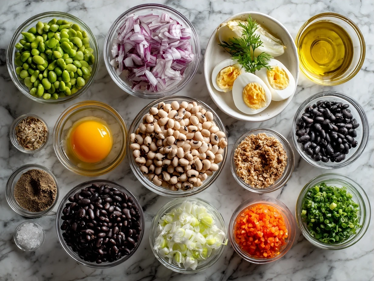 Ingredients for Black-Eyed Pea Salad including black-eyed peas, corn, red onion, red bell pepper, cilantro, and spices