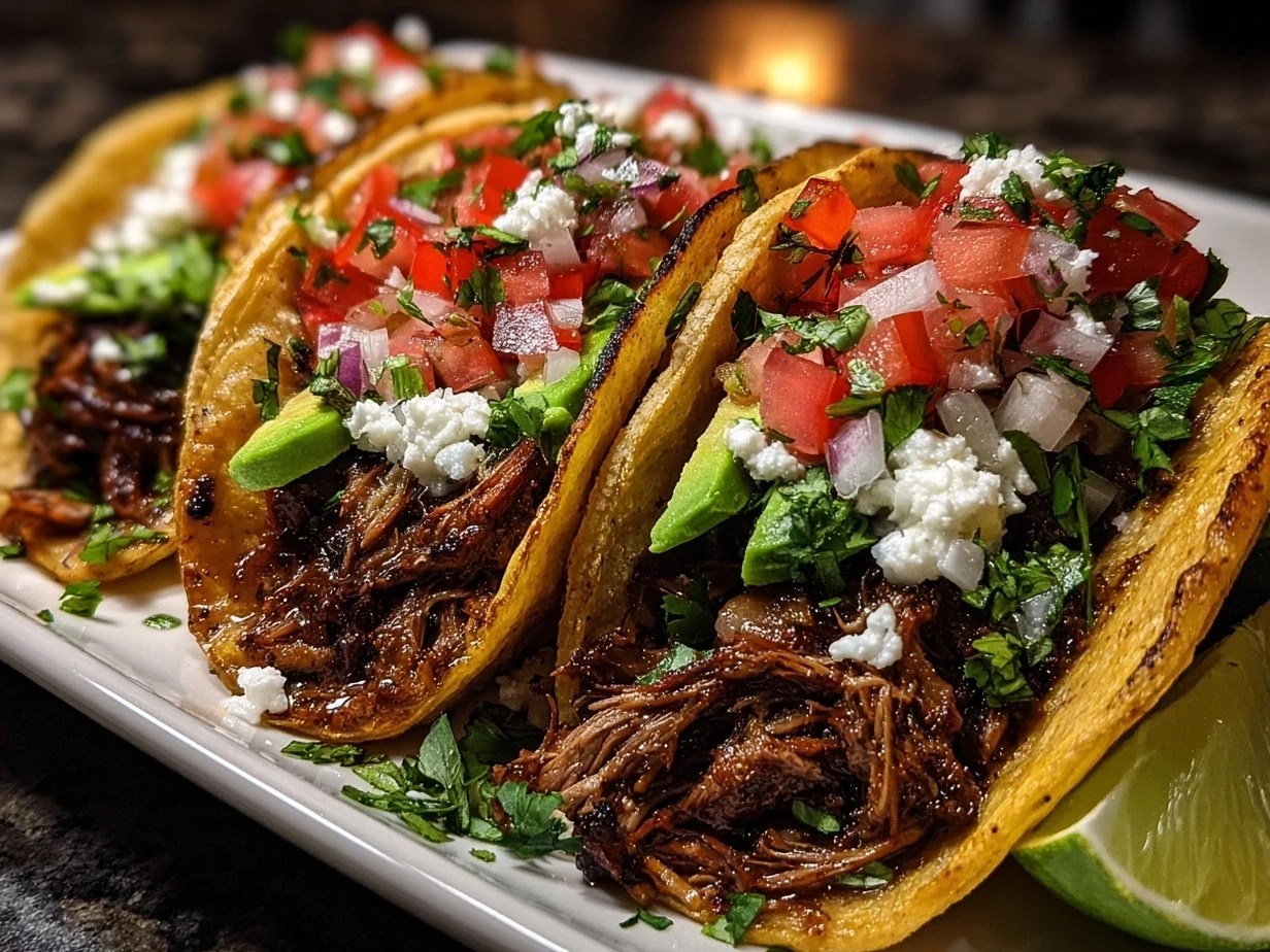 Served Black Bean Tacos topped with avocado, cilantro, and queso fresco