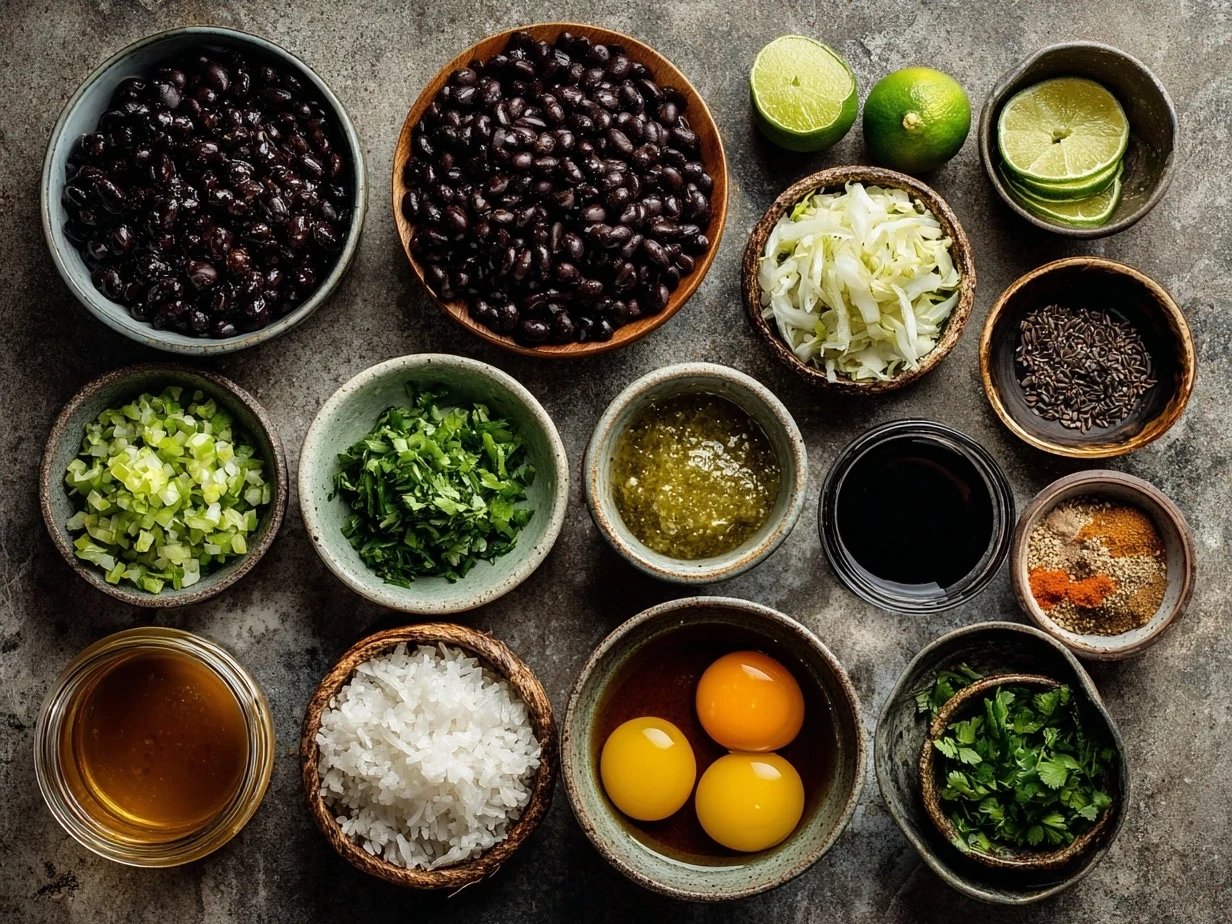 Ingredients for Black Bean Tacos including black beans, spices, and tortillas