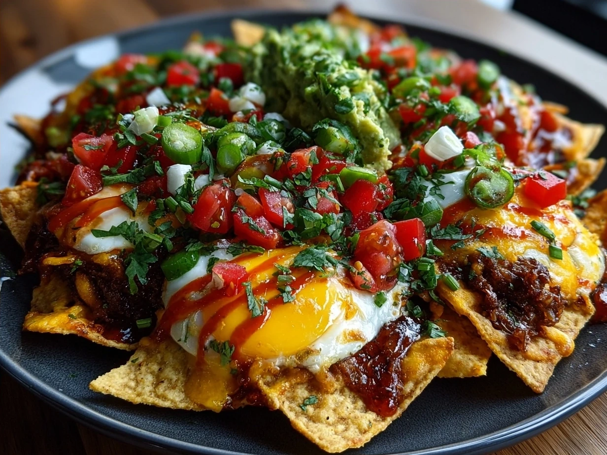 Served Breakfast Nachos with melted cheese, scrambled eggs, and fresh toppings ready to enjoy