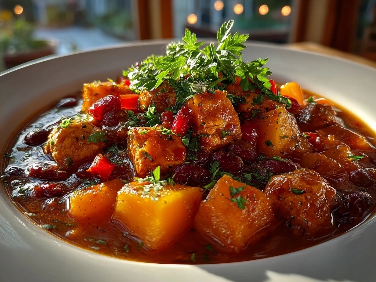 Bowl of Butternut Squash and Turkey Chili garnished with cilantro and avocado