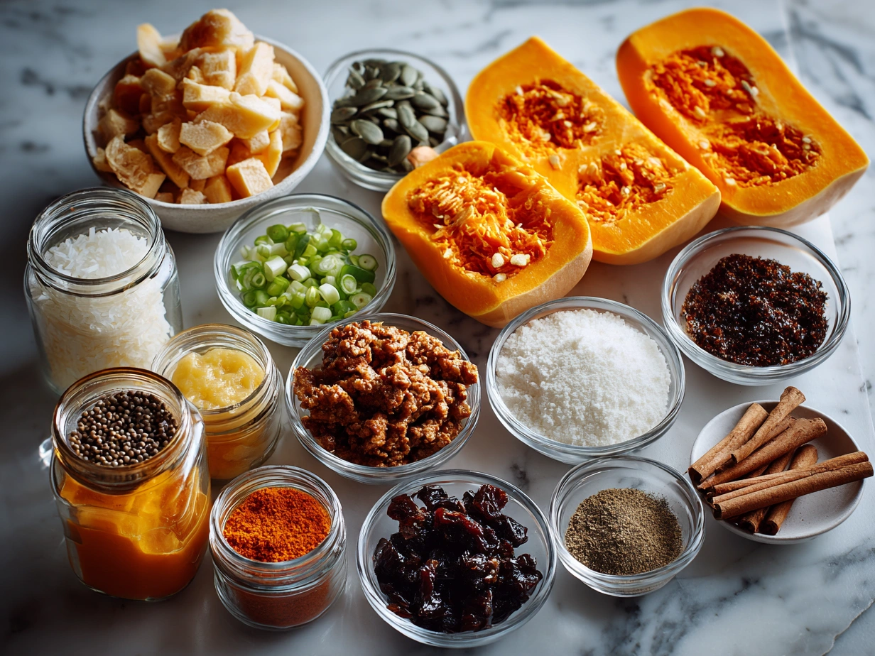 Ingredients for Butternut Squash and Turkey Chili laid out on a rustic table