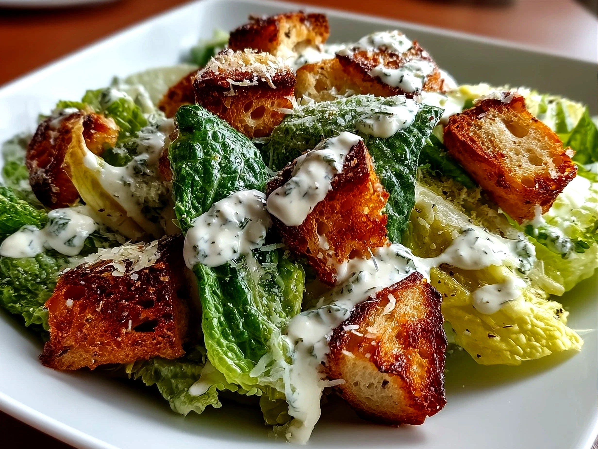 Caesar salad with homemade Caesar Dressing drizzled over fresh romaine lettuce