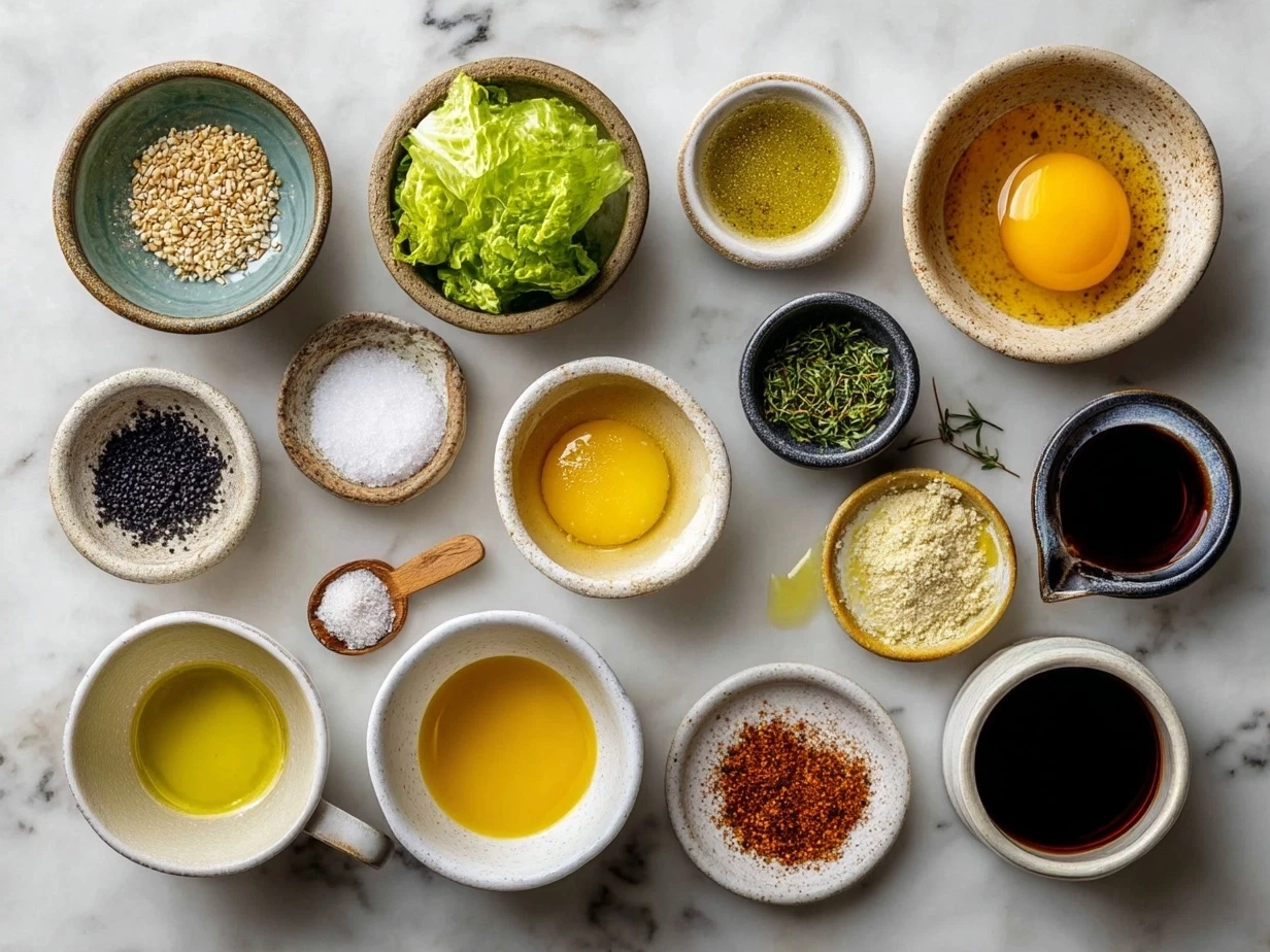 Ingredients for authentic Caesar Dressing including garlic, anchovies, mayonnaise, Parmesan, lemon, mustard, Worcestershire sauce, black pepper, and salt