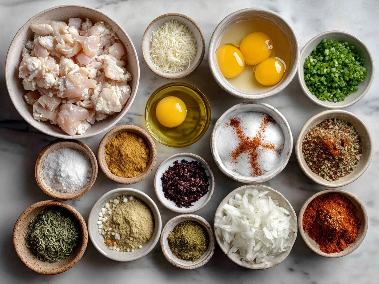 Ingredients laid out for Cajun Chicken Pasta including chicken, Cajun spices, fettuccine, garlic, cream, bell pepper, onion, cheese, and herbs