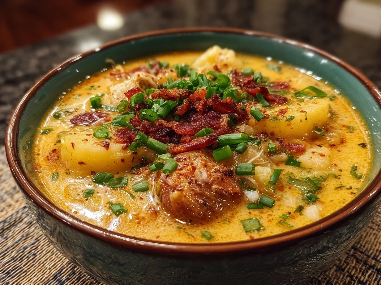 Serving bowl of creamy Cajun Potato Soup garnished with green onions