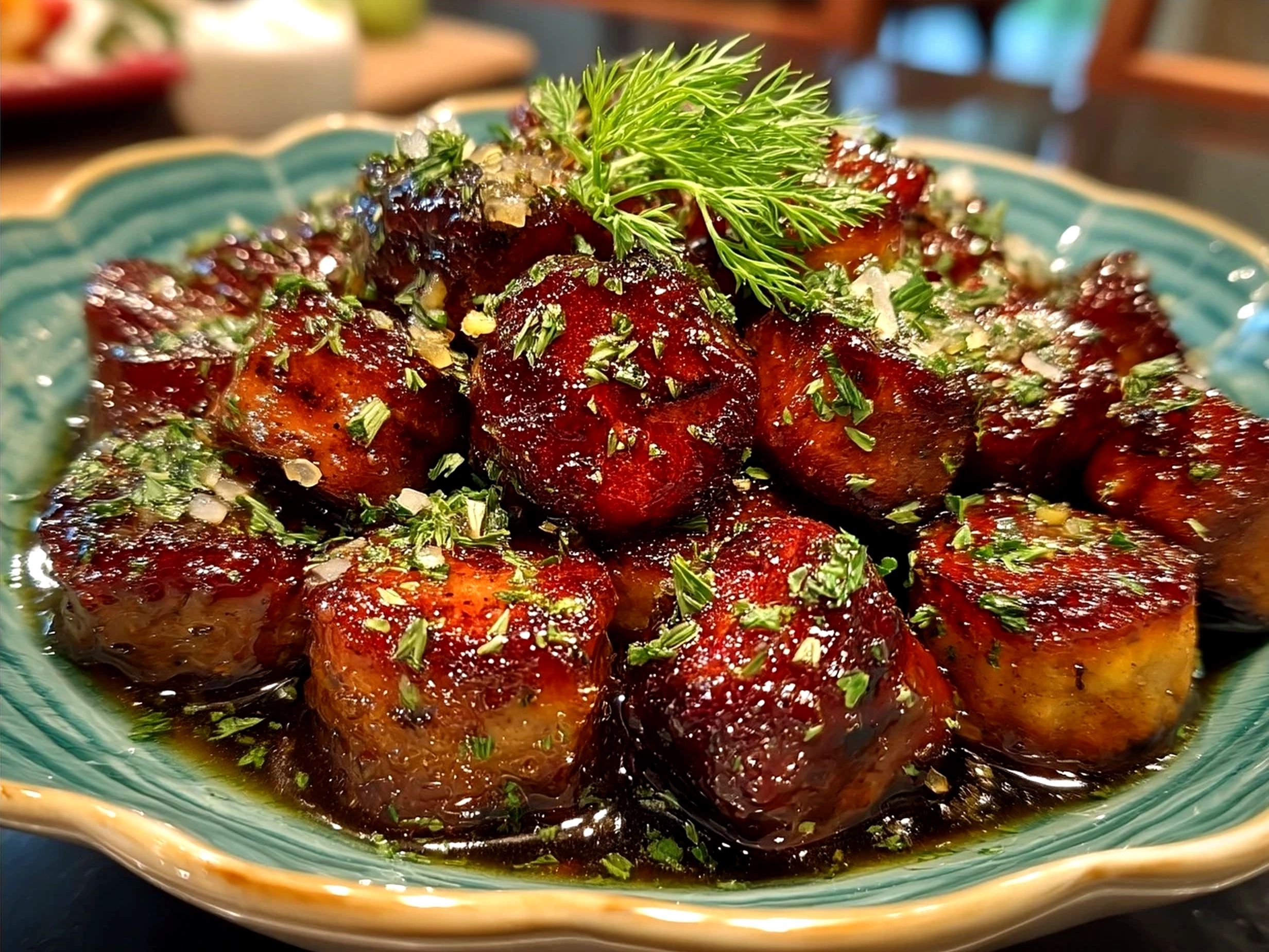 Served Candied Kielbasa Bites on a rustic board garnished with fresh herbs