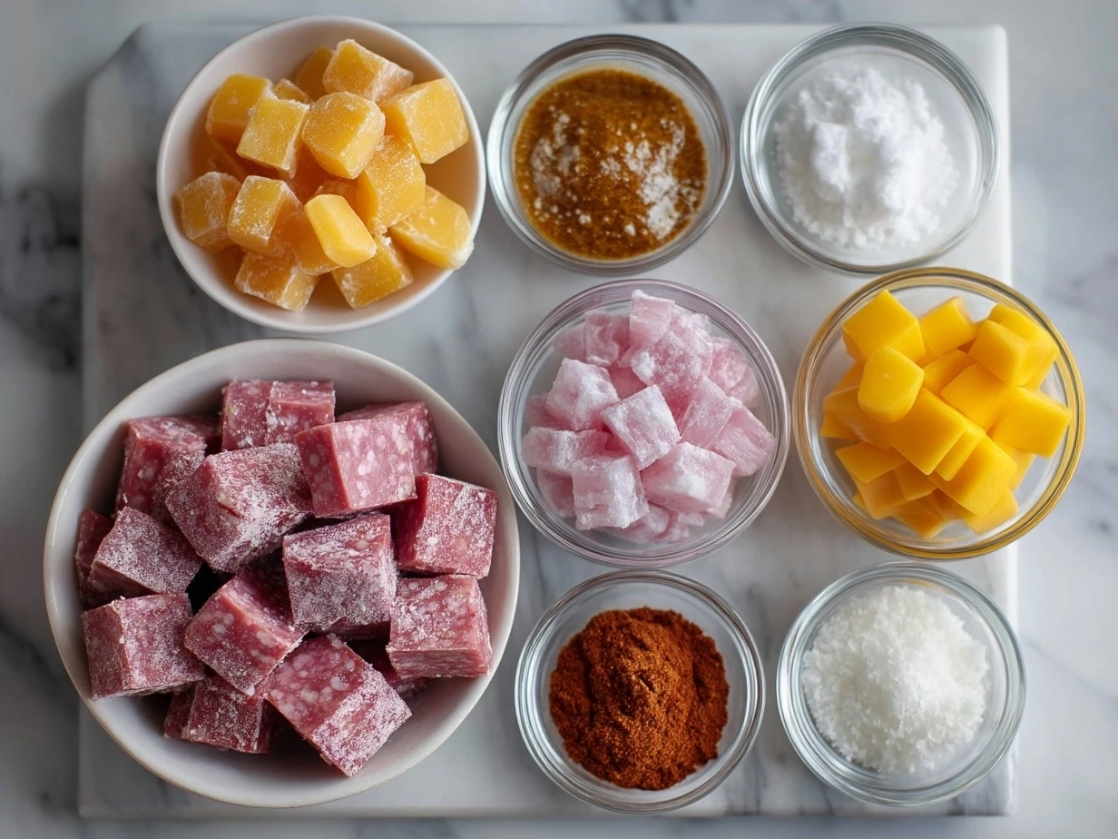 Ingredients for Candied Kielbasa Bites including smoked kielbasa, brown sugar, maple syrup, Dijon mustard, apple cider vinegar, and spices