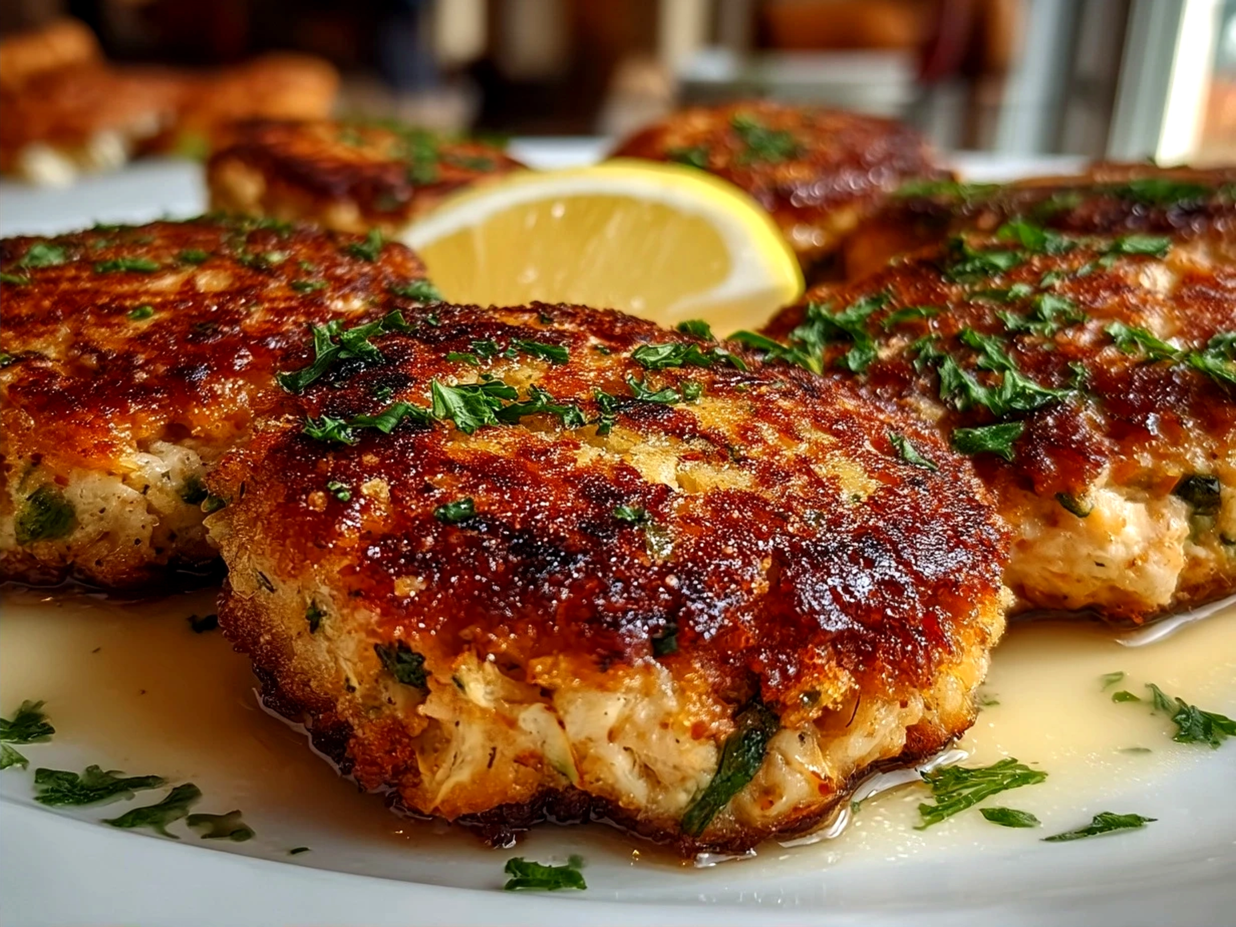 Serving platter of crispy homemade canned salmon cakes with fresh lemon wedges and green salad