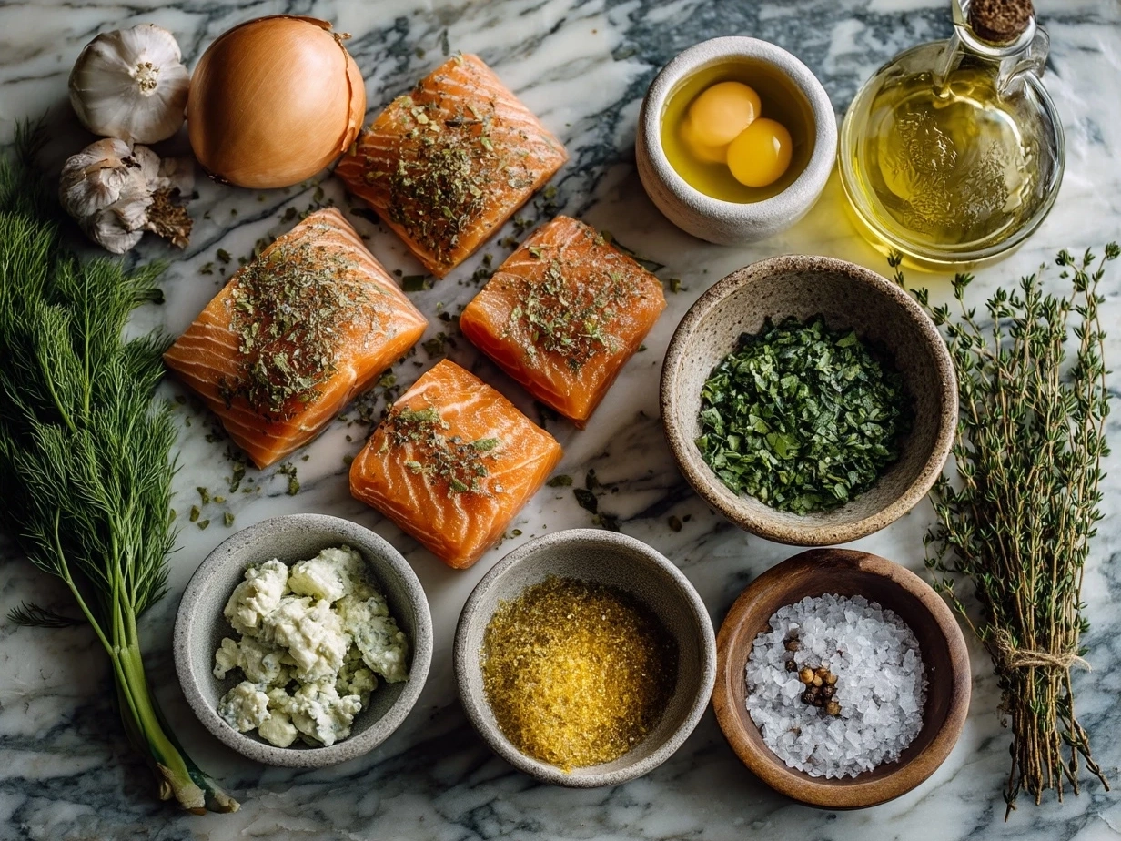 Ingredients for homemade canned salmon cakes, including canned salmon, crackers, eggs, and herbs