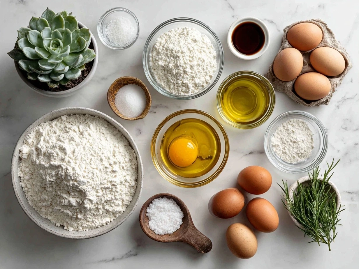 Ingredients for Capricorn Cake: flour, spices, butter, sugar, eggs, vanilla, buttermilk, and nuts.