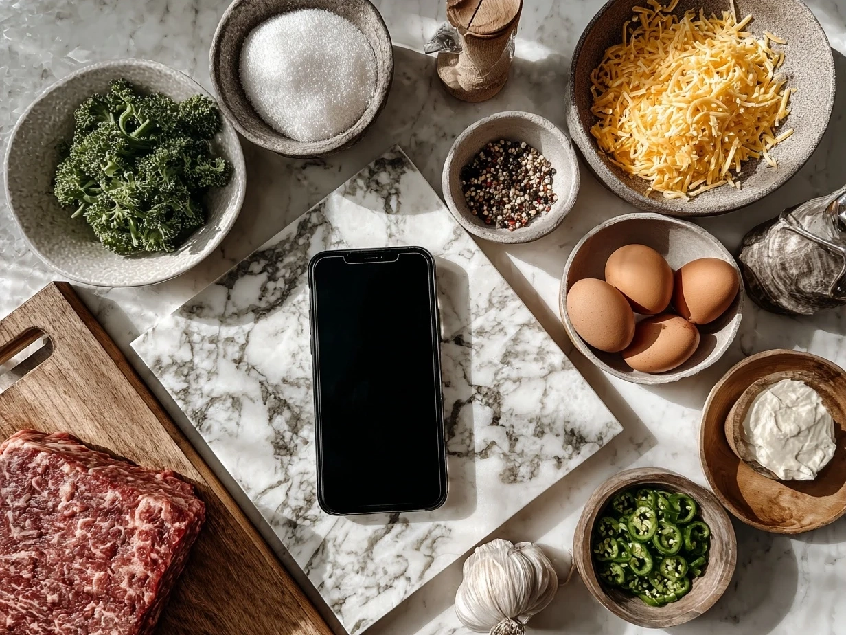 Ingredients for Cheddar Jalapeño Burgers laid out on a kitchen counter including ground beef, cheddar cheese, jalapeños, spices, and brioche buns