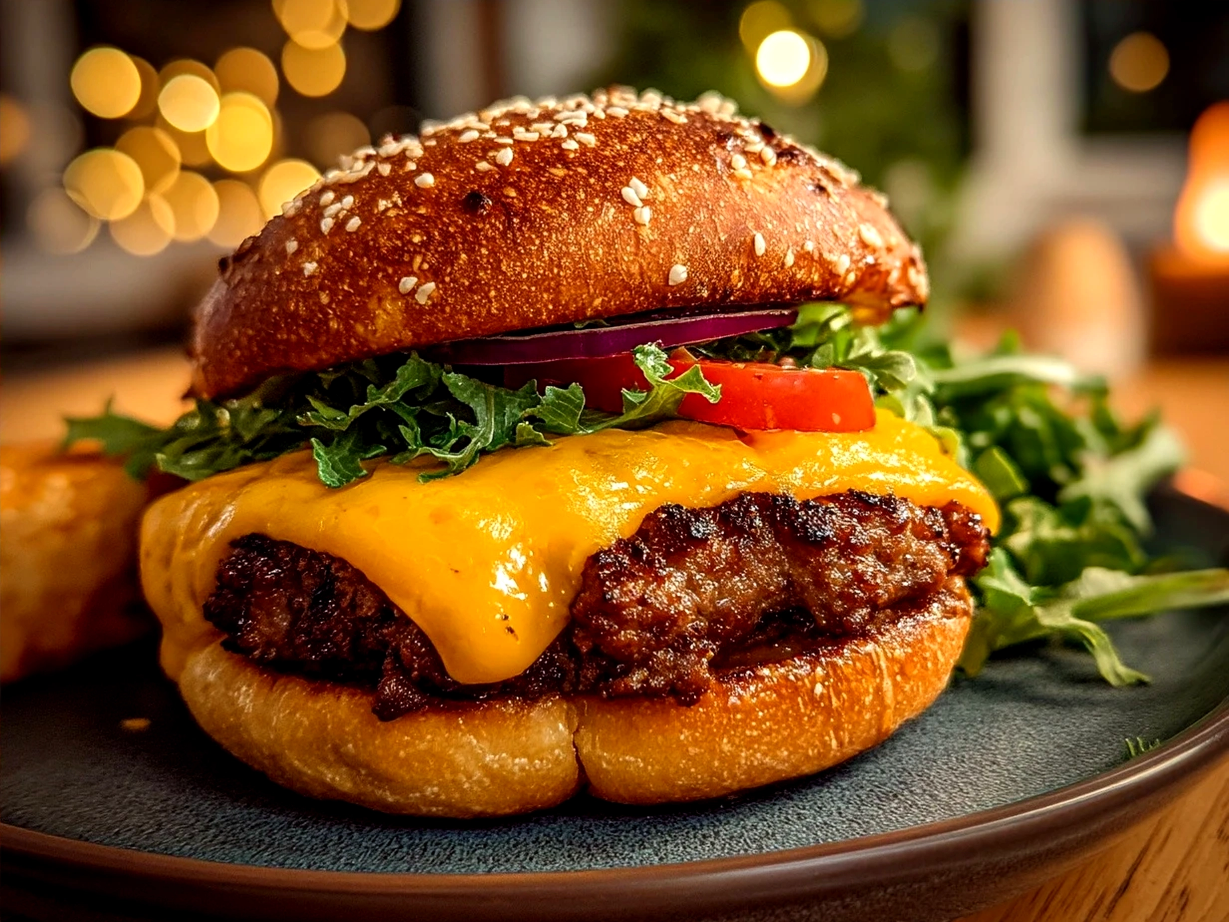 Ready to serve cheeseburger baked paired with a fresh green salad and bread