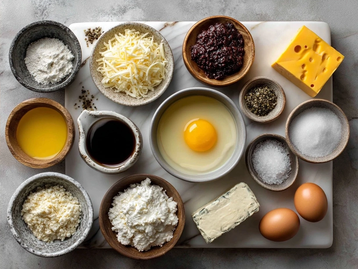 Ingredients for cheeseburger baked including ground beef, onions, cheese, pasta, and spices