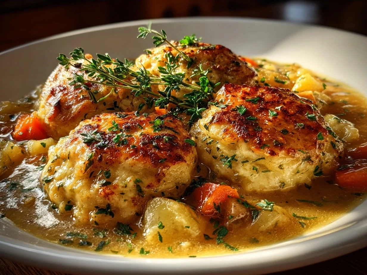 A hearty bowl of homemade Chicken and Dumplings garnished with fresh parsley