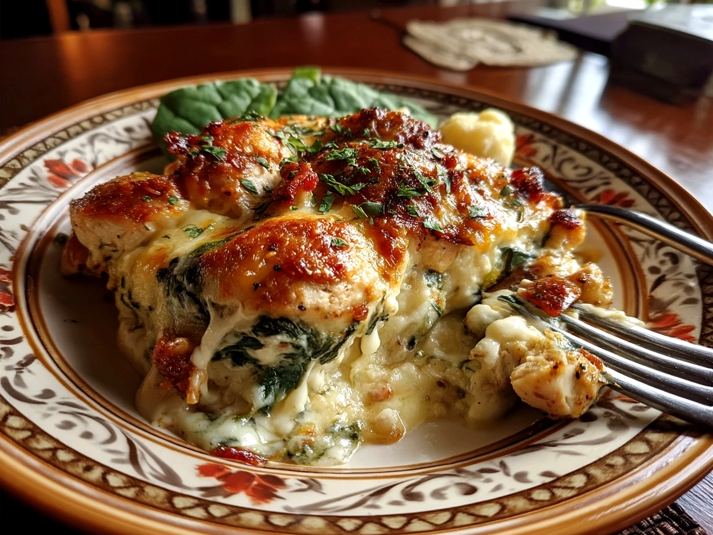 Finished Chicken and Spinach Casserole served hot and golden brown
