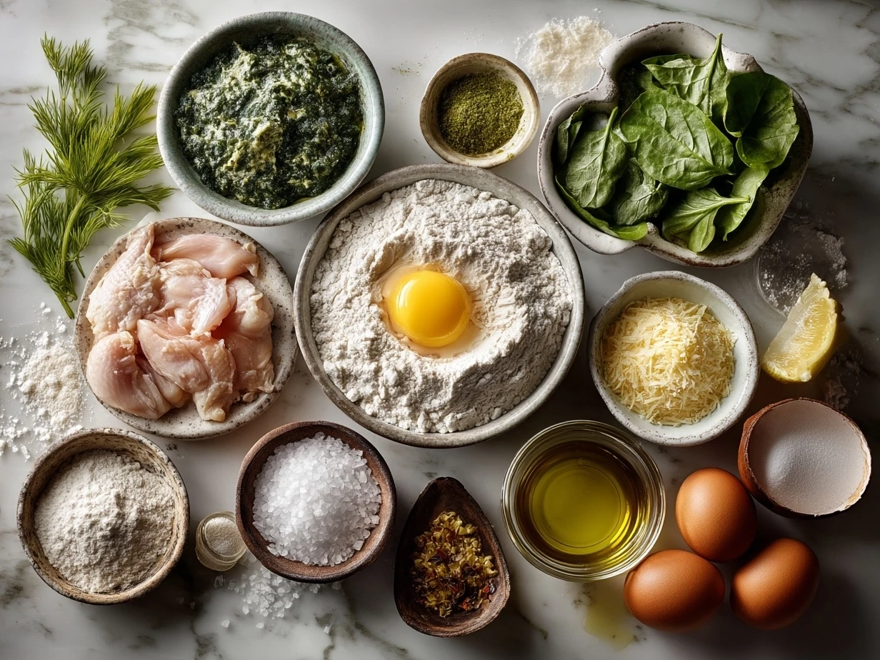 Ingredients for Chicken and Spinach Casserole including chicken, spinach, mozzarella, parmesan and cream