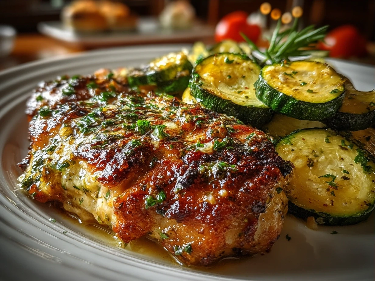 Final cooked chicken and zucchini bake garnished with fresh parsley and melted cheese