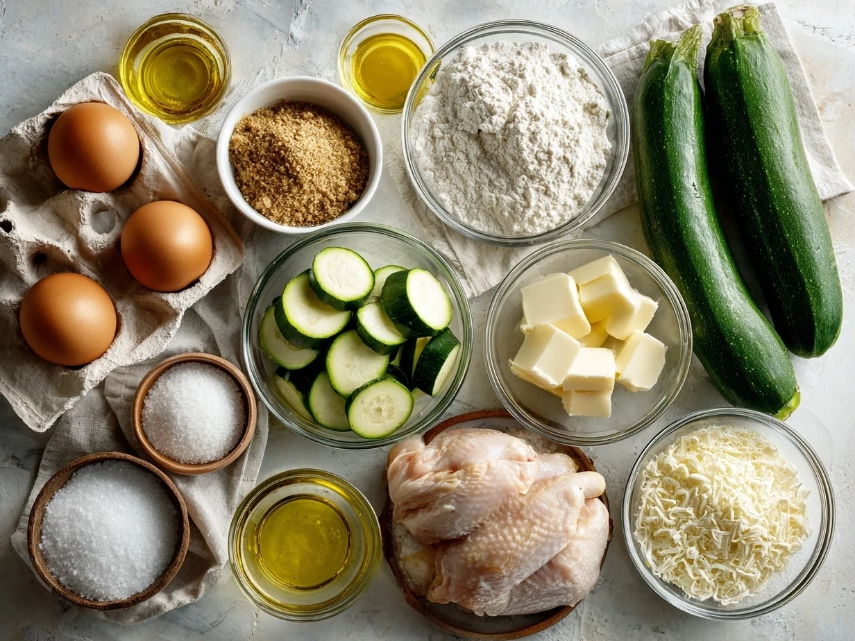 Ingredients for chicken and zucchini bake including chicken, zucchini, onions, garlic, cheese, and spices