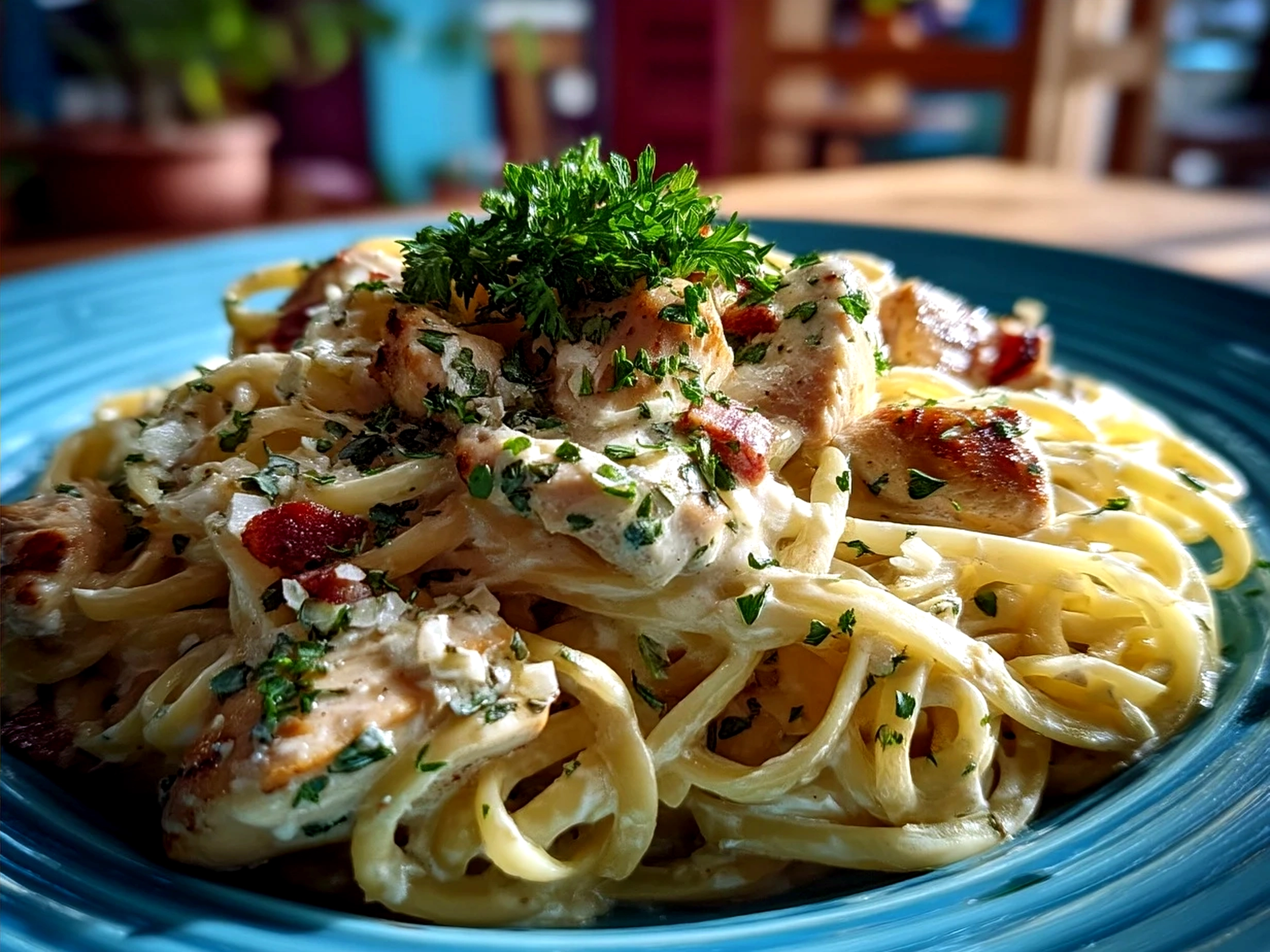 Serving of Chicken Carbonara garnished with parsley