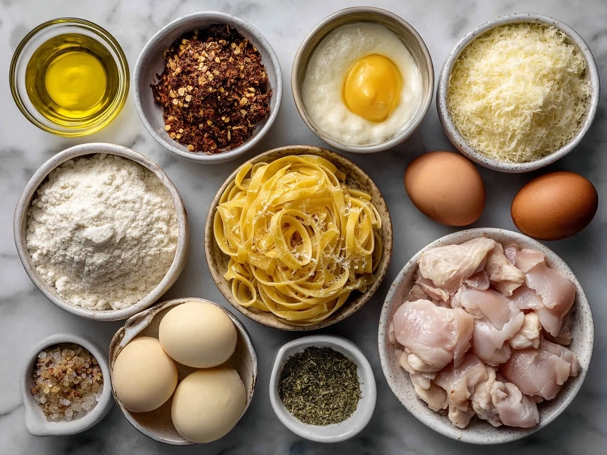 Ingredients for Chicken Carbonara on a kitchen counter
