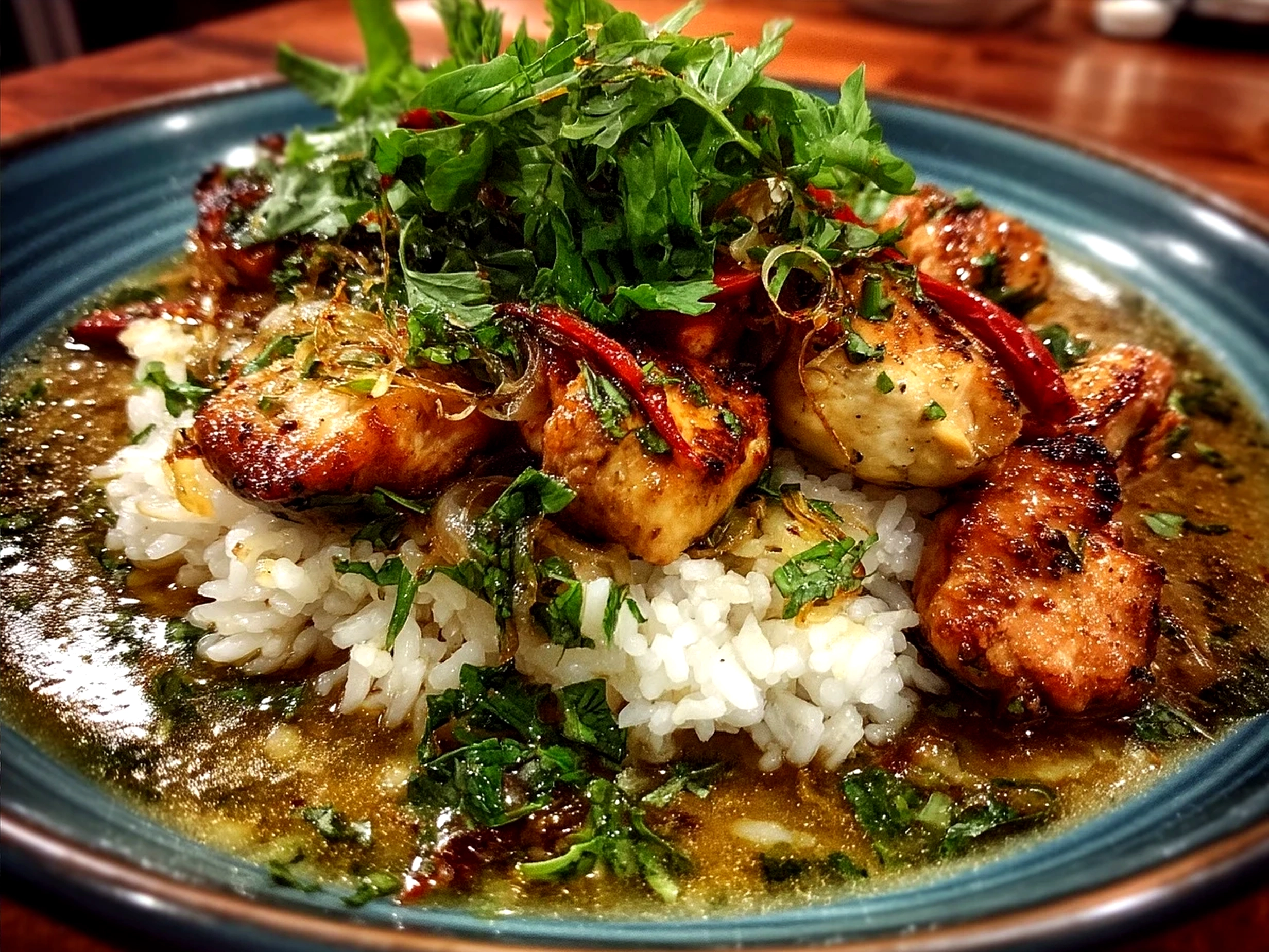 Served bowl of Chicken Ginger Rice garnished with sliced green onions and lime wedge