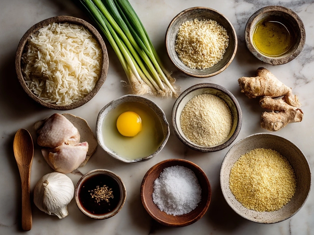 Ingredients for Chicken Ginger Rice laid out on a wooden surface including ginger, garlic, jasmine rice, chicken thighs and green onions