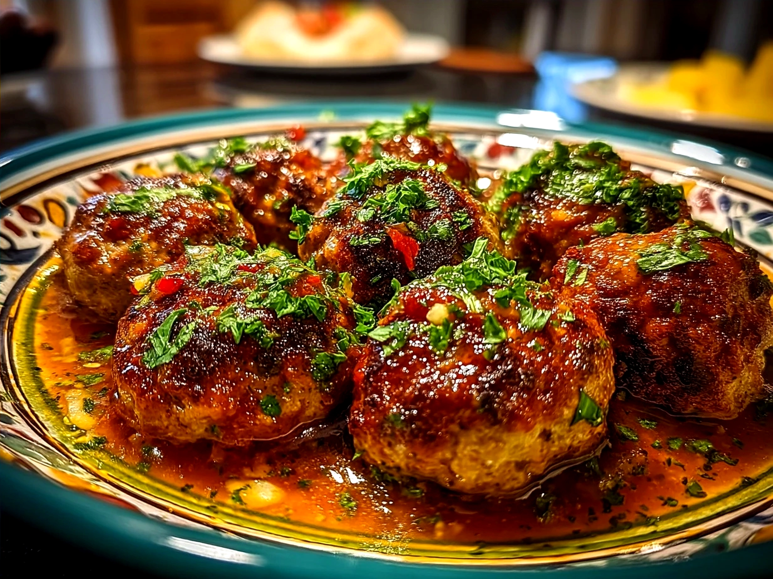 Plated Chicken Kofta Meatballs served with rice and cucumber yogurt sauce