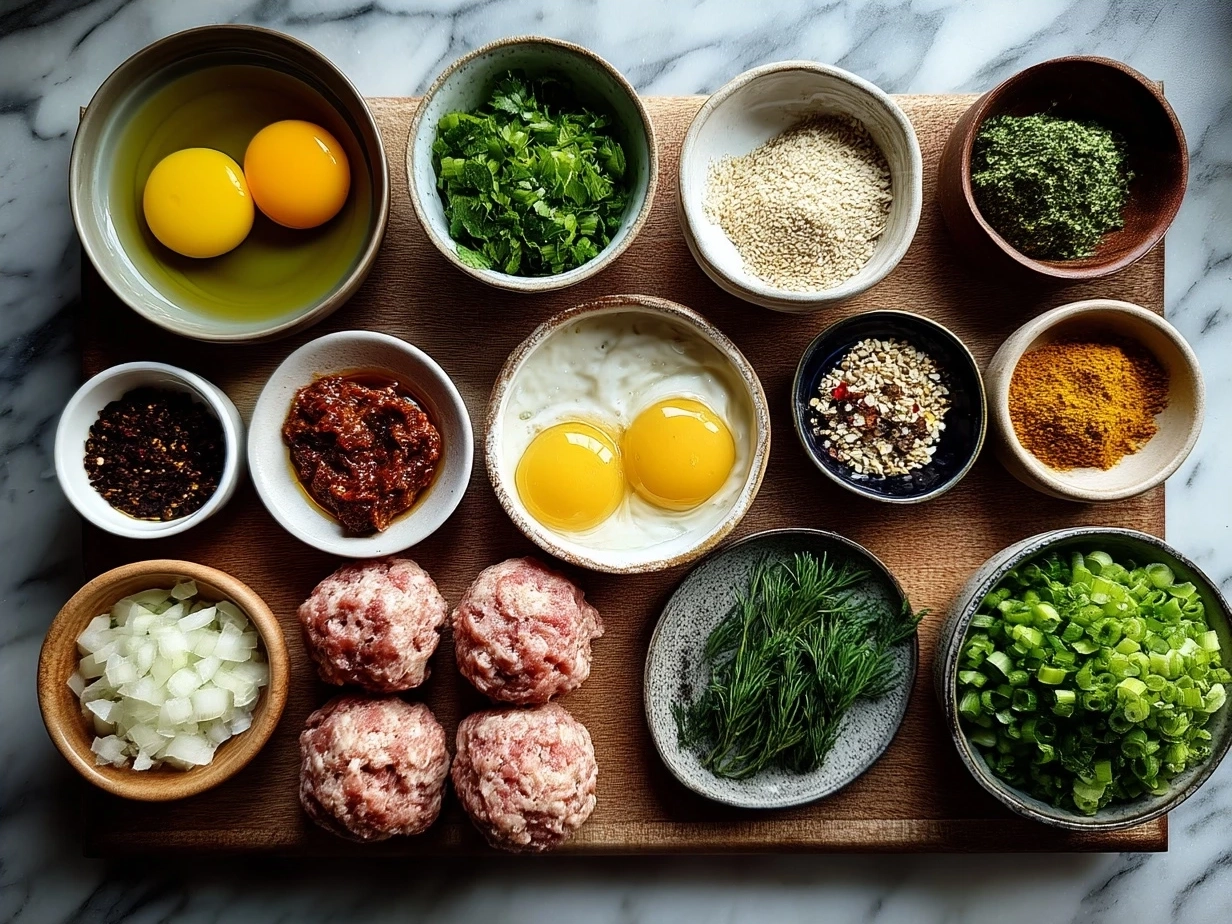 Ingredients for making Chicken Kofta Meatballs laid out on a wooden table