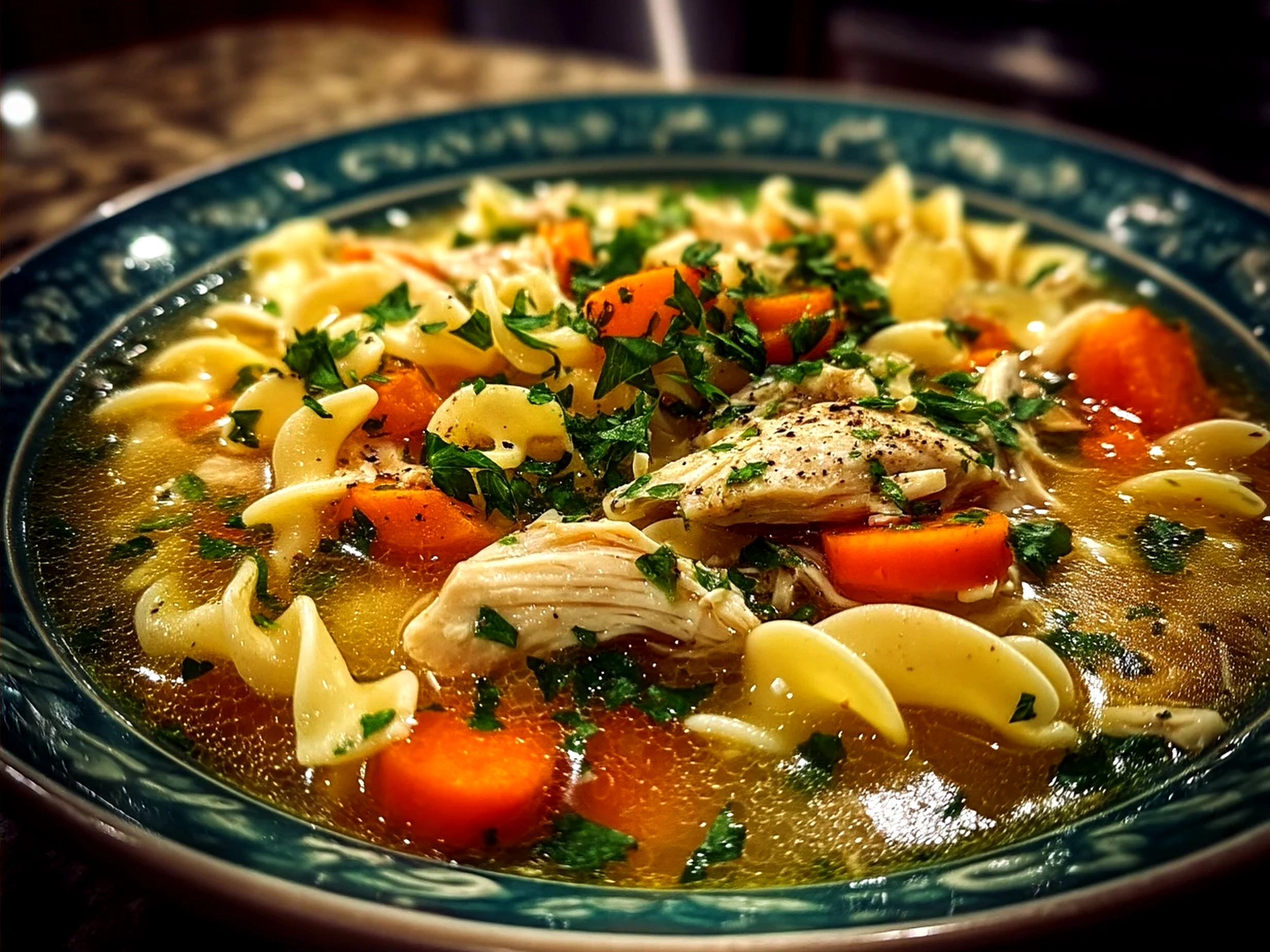 Bowl of homemade chicken noodle soup garnished with fresh parsley