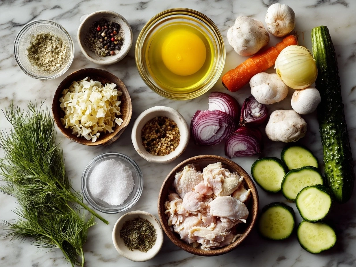 Fresh ingredients for chicken noodle soup laid out on a wooden table