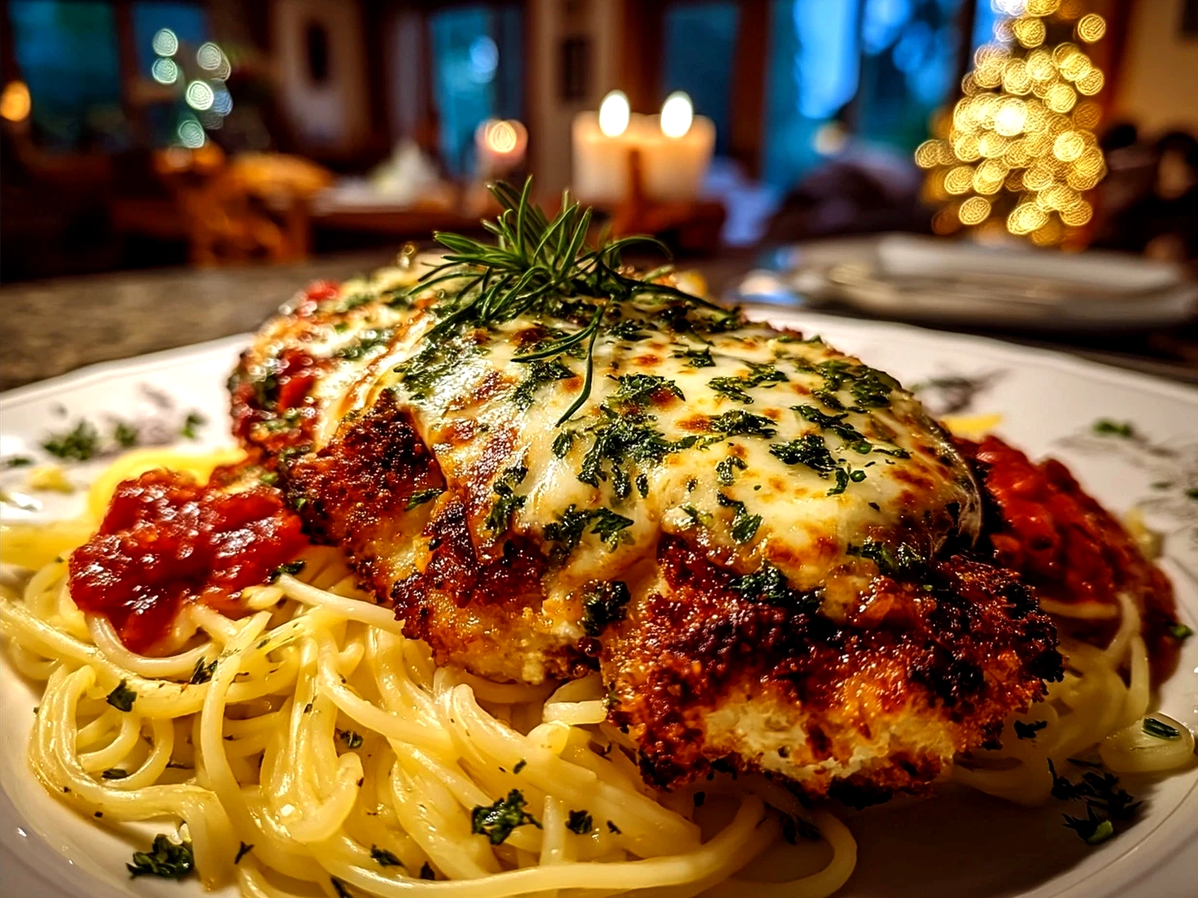 Served chicken parmesan dish with melted cheese and garnished with fresh basil