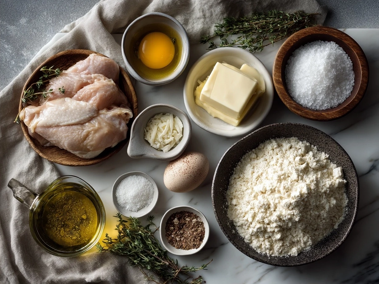 Ingredients needed for chicken parmesan including chicken breasts, flour, eggs, breadcrumbs, parmesan cheese, marinara sauce, mozzarella cheese, fresh basil, garlic powder, salt, pepper, and olive oil